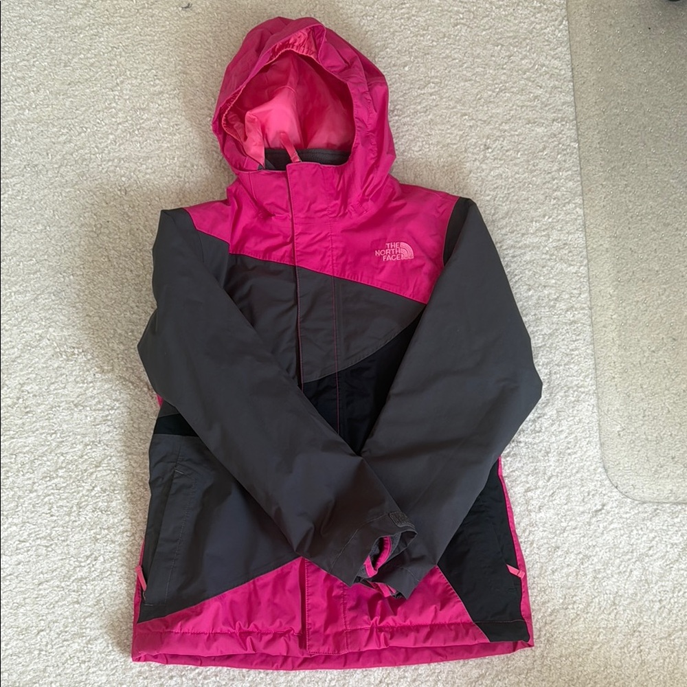The North Face Pink and Gray Raincoat Weather-Resistant Design